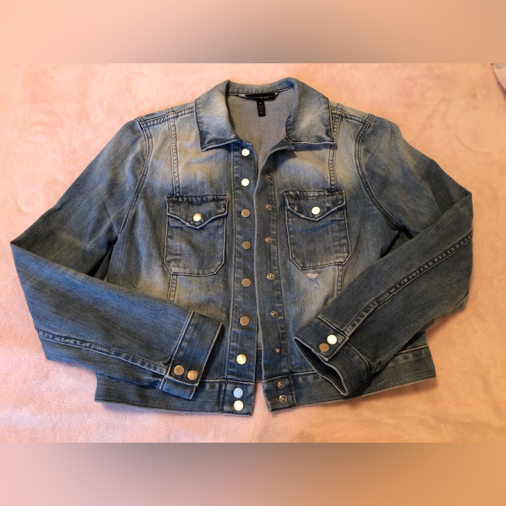White House Black Market Crop Distressed Denim Jacket with Silver Snaps